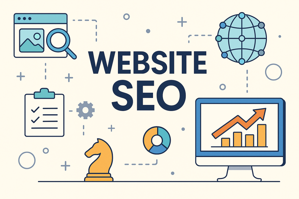 "Illustration representing website SEO with icons for strategy, analytics, search, and optimization on a modern flat design"