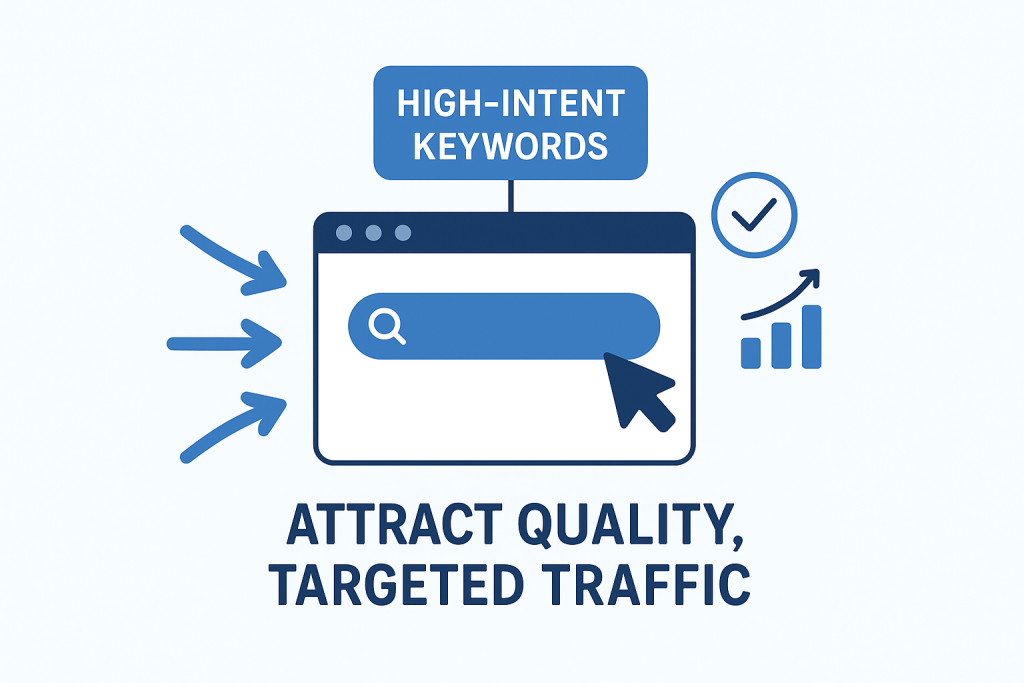 Illustration showing how website SEO attracts quality, targeted traffic using high-intent keywords and conversion icons.