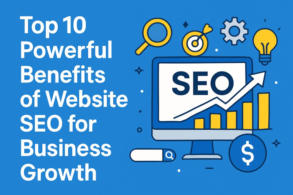Top 10 powerful benefits of website SEO for business growth with search, analytics, and growth icons.